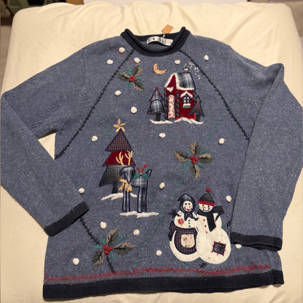 Charming Blue Sweater with Snowman Design